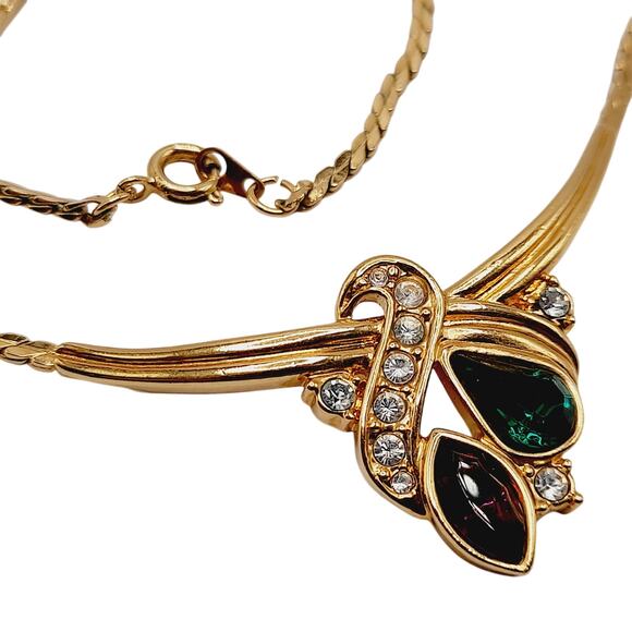 Vintage 1980s Rhinestone Necklace – Purple Green Clear Stones, 16" Pendant Chain - Picture 8 of 8